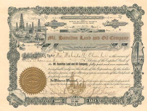 Mt. Hamilton Land and Oil Co. - Stock Certificate